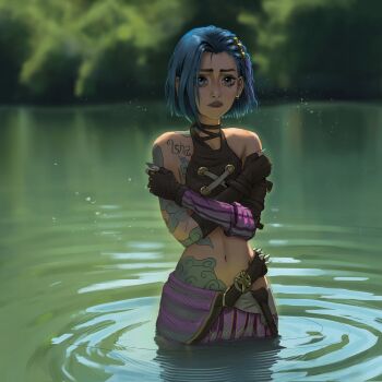 1girl arcane:_league_of_legends arcane_jinx arm_tattoo bare_shoulders blue_hair breasts cloud_tattoo crop_top crossed_arms fingerless_gloves gloves highres jinx_(league_of_legends) josival league_of_legends looking_at_viewer navel official_alternate_hair_length official_alternate_hairstyle pants pink_eyes shoulder_tattoo solo striped_clothes striped_pants tattoo wading water