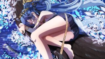 1girl absurdres armlet asutokun_th bare_legs bare_shoulders barefoot black_skirt blue_eyes blue_hair commentary english_commentary feet foot_out_of_frame gradient_hair hair_belt head_wreath highres iuno_(wuthering_waves) jewelry legs long_hair looking_at_viewer lying multicolored_hair on_branch on_side parted_lips skirt solo thighs toes wuthering_waves