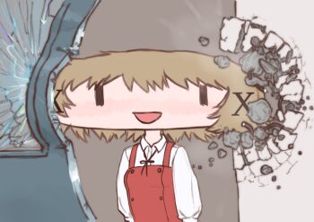 10tile 1girl :d aoki_ume_(style) blush broken_door broken_wall brown_hair buttons commentary double-breasted dress english_commentary hair_ornament hairclip hidamari_sketch highres meme neck_ribbon nokotan_entering_a_classroom_(meme) open_mouth parody rebar ribbon scene_reference school_uniform shikanoko_nokonoko_koshitantan short_hair smile solo wide_face x_hair_ornament yamabuki_high_school_uniform yuno_(hidamari_sketch) |_|
