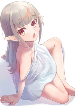 1girl :o arm_support bare_legs bare_shoulders barefoot blush dress female_focus grey_hair highres indian_style long_hair looking_at_viewer makaino_ririmu makaino_ririmu_(3rd_costume) multicolored_hair nijisanji off_shoulder open_mouth pointy_ears red_eyes red_hair sabamen sidelocks simple_background sitting sleeveless sleeveless_dress solo streaked_hair virtual_youtuber white_background white_dress
