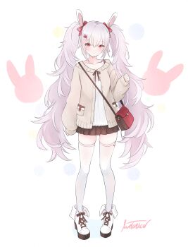 Rule 34 | 1girl, animal ears, ankle boots, azur lane, bag, black skirt, blush, boots, bow, cardigan, collarbone, commentary request, fake animal ears, hair ornament, hair ribbon, hairclip, highres, laffey (azur lane), livetarica, long hair, long sleeves, looking at viewer, miniskirt, open cardigan, open clothes, pleated skirt, rabbit ears, red bag, red eyes, ribbon, shirt, shoulder bag, skirt, sleeves past wrists, solo, thighhighs, twintails, white boots, white shirt, white thighhighs