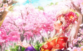 1girl blonde_hair blue_sky blush bush cherry_blossoms cloud commentary_request floral_print floral_print_kimono flower forest hair_flower hair_ornament high_ponytail highres hololive horns japanese_clothes kimono long_hair misaki_(kyal_001) nakiri_ayame nakiri_ayame_(new_year) nature open_mouth orange_eyes outdoors pink_flower ponytail print_kimono red_kimono red_nails sidelocks sky smile solo tree upper_body virtual_youtuber white_horns