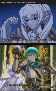 1boy 1girl absurdres blue_hair caiman_pool crossover elden_ring elf english_text frieren fromsoftware gameplay_mechanics green_eyes highres himmel_(sousou_no_frieren) pointy_ears sousou_no_frieren spirit summoning white_hair