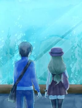 Rule 34 | 1boy, 1girl, aquarium, asuka rkgk, bag, black bag, black hair, black thighhighs, blue jacket, bracelet, calem (pokemon), commentary request, from behind, hat, highres, imminent hand holding, jacket, jewelry, long hair, long sleeves, low-tied long hair, nintendo, pants, pleated skirt, pokemon, pokemon xy, serena (pokemon), short hair, shoulder bag, skirt, thighhighs