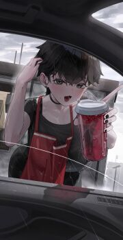 1girl absurdres apron bent_over black_eyes black_hair black_nails black_pants black_shirt blush bra_visible_through_clothes breasts car_interior cloud cloudy_sky crossed_bangs drink earrings hair_between_eyes hand_in_own_hair highres holding holding_drink jewelry large_breasts looking_at_viewer mole mole_on_cheek open_mouth original pants pixie_cut rain red_apron shirt short_hair short_sleeves sky solo stud_earrings t-shirt tagua very_short_hair wet