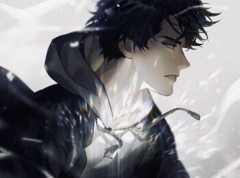 1boy aegyo_sal black_eyes black_hair black_jacket blackbox_(blackbox9158) clenched_teeth grey_hoodie hood hood_down hoodie jacket lens_flare male_focus omniscient_reader&#039;s_viewpoint parted_lips short_hair solo teeth underlighting upper_body yoo_joonghyuk