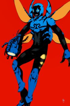 1boy artist_name blue_beetle bodysuit boots cannon dc_comics gloves insect_wings male_focus mask open_mouth orange_eyes red_background simple_background solo teeth wings young_justice