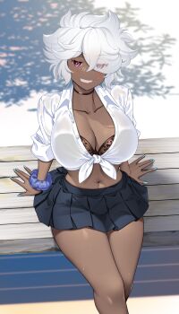 Rule 34 | 1girl, animal print, black skirt, bra, breasts, brown bra, cleavage, dark-skinned female, dark skin, grin, gyaru, hataraki kuma, highres, jewelry, kogal, large breasts, leopard print, looking at viewer, midriff, miniskirt, navel, neck ring, on bench, original, pink eyes, pleated skirt, school uniform, scrunchie, shirt, short hair, sitting, skirt, smile, solo, stomach, tied shirt, underwear, white hair, white shirt, wrist scrunchie