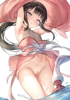 1girl absurdres armpits arms_up bare_shoulders black_hair blue_eyes blush breasts cleft_of_venus clothing_request cowboy_shot detached_sleeves highres leotard loli long_hair navel nude_filter obi original parted_lips partially_submerged petite ponytail pussy sash scan see-through_clothes sidelocks simple_background small_breasts solo thigh_gap third-party_edit uncensored wading water waymay wet wide_sleeves