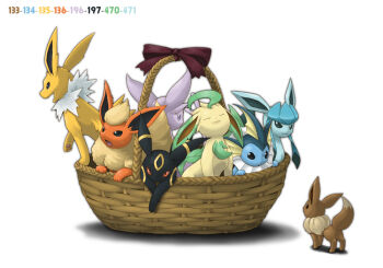 bad_id bad_pixiv_id basket bow ditb eevee espeon everyone evolution evolutionary_line flareon gen_1_pokemon gen_2_pokemon gen_4_pokemon glaceon jolteon leafeon nintendo no_humans pokemon pokemon_(creature) simple_background umbreon vaporeon