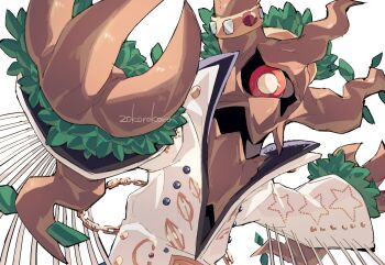 Rule 34 | chain, clothed pokemon, gen 6 pokemon, gold chain, horn ornament, horns, jacket, korosliszt, leaf, looking at viewer, nintendo, no humans, one-eyed, open mouth, pokemon, pokemon (creature), pokemon focus, pokemon unite, red eyes, simple background, solo, standing, trevenant, trevenant (rock 'n' roll), upper body, white background, white jacket