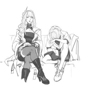 1boy 1girl absurdres aina_(mayexplode) alternate_costume alternate_universe belt blunt_bangs boots braid cleavage_cutout closed_mouth clothing_cutout coat contemporary crossed_legs flower genshin_impact hair_flower hair_ornament hair_over_shoulder hand_on_own_arm hand_on_own_thigh hand_over_face head_down head_on_arm head_rest high_heel_boots high_heels highres holding holding_phone knee_up long_hair long_sleeves looking_at_phone looking_at_viewer low-braided_long_hair low-tied_long_hair monochrome mother_and_son open_clothes open_coat open_shirt phone raiden_shogun scaramouche_(genshin_impact) shirt shoes short_sleeves shorts shrug_(clothing) sitting sketch sneakers thighhighs white_background wide_sleeves wing_collar