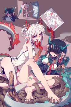 ! 2girls absurdres anus arknights ball_gag bare_legs barefoot bdsm bead_bracelet beads black_hair black_jacket blindfold blush blush_stickers bondage bound bound_wrists bracelet breasts brown_background chibi china_dress chinese_clothes chinese_commentary colored_skin covered_eyes crossed_legs cuffs dildo dragon_girl dragon_horns dragon_tail drawing drawing_tablet dress drooling dusk_(arknights) earrings eyeshadow fellatio florakinesis full_body gag gloom_(expression) gradient_skin green_hair green_nails green_skin hair_between_eyes hair_over_one_eye handcuffs head_steam high_heels highres holding holding_tablet_pc horns imazawa incest jacket jewelry kicking kneeling leaf licking licking_finger long_hair looking_at_another makeup medium_breasts motion_lines multicolored_hair multicolored_skin multiple_girls nail_polish necktie nervous_sweating nian_(arknights) nian_(unfettered_freedom)_(arknights) official_alternate_costume open_clothes open_jacket open_mouth opening_door oral parted_bangs pelvic_curtain pointy_ears purple_eyes pussy pussy_juice red_eyes red_hair red_necktie red_skin restrained saliva sex_toy shirt side_slit simple_background sleeveless sleeveless_dress smile spread_legs streaked_hair stylus surprised sweat tablet_pc tail tail_raised tassel tassel_earrings tentacle_sex tentacles thighs toenail_polish toenails tongue tongue_out two-tone_hair uncensored unworn_gag variant_set walking white_dress white_footwear white_hair white_shirt wiffle_gag wooden_dildo yuri