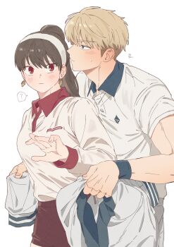 1boy 1girl ? absurdres black_hair bloomers blue_eyes blush breasts brown_bloomers clothes_around_waist collared_shirt commentary covering_another cowboy_shot earrings gold_earrings grey_shorts hair_between_eyes hairband hetero highres jewelry korean_text long_hair medium_breasts moobki ponytail protecting red_eyes shirt shirt_around_waist short_hair shorts spoken_question_mark spy_x_family sweat symbol-only_commentary twilight_(spy_x_family) underwear white_background white_hairband white_shirt wristband yor_briar