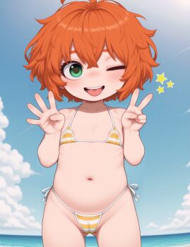 1girl absurdres ahoge ai-assisted areola_slip ass beach bikini blue_sky blush bob_cut cameltoe cloud curly_hair day double_v eyebrows_hidden_by_hair fat_mons female_focus flat_chest freckles gesture hair_between_eyes hands_up highleg highleg_bikini highres hina_kurosawa horizon legs light_blush light_rays loli long_bangs messy_hair micro_bikini midriff muffin_top navel nipples ocean one_eye_closed original outdoors partially_visible_vulva peace_symbol petite plump puffy_nipples pussy self-upload shore short_hair side-tie_bikini_bottom skindentation sky smile solo standing star_(symbol) stomach string_bikini striped_bikini striped_clothes swimsuit tail teeth thighs tight_clothes v wardrobe_malfunction water waves wink yellow_bikini