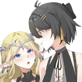 2girls absurdres bare_shoulders black_bow black_hair blonde_hair blue_eyes bow breasts cartethyia_(wuthering_waves) chinese_commentary cleavage crown_of_thorns earrings female_rover_(wuthering_waves) hair_bow hair_ornament hair_ribbon hairclip highres jewelry long_hair looking_at_another looking_up medium_breasts multiple_earrings multiple_girls open_mouth parallel_hairclips parted_bangs pointy_ears portrait ribbon rover_(wuthering_waves) simple_background smile triangle_earrings white_background wuthering_waves yellow_eyes yellow_ribbon youmiao_oxo
