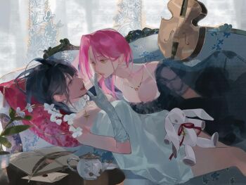 2girls alien_stage alternate_costume black_dress black_hair breasts commentary dress earrings english_commentary envelope flower gloves instrument jewelry kakyoriya mizi_(alien_stage) multiple_girls notebook pearl_earrings pink_hair purple_eyes quill smile stuffed_animal stuffed_rabbit stuffed_toy sua_(alien_stage) teapot wax_seal white_dress white_flower white_gloves yellow_eyes yuri