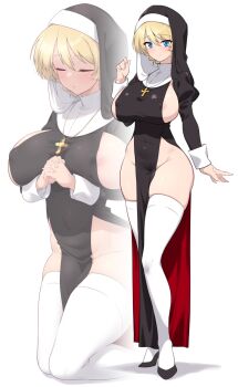 1girl areola_slip blonde_hair blue_eyes blush braid breasts closed_eyes commentary_request covered_navel cross cross_necklace darjeeling_(girls_und_panzer) full_body girls_und_panzer highres jewelry kneeling kuzuryuu_kennosuke large_breasts looking_at_viewer multiple_views necklace no_bra no_panties nun open_mouth praying sideboob simple_background smile thighhighs white_background white_thighhighs