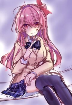 1girl black_thighhighs blazer blood blood_on_face blush bow chaos;head collared_shirt commentary_request crossed_legs dagger dress_shirt hair_between_eyes highres holding holding_dagger holding_knife holding_weapon jacket knife long_hair long_sleeves looking_at_viewer nishijou_myu pink_eyes pink_hair plaid_clothes plaid_skirt pleated_skirt sakihata_rimi school_uniform science_adventure shirt sitting skirt smile solo suimei_academy_school_uniform thighhighs weapon white_shirt