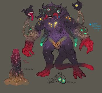 1boy brown_background chain colored_skin demon_boy eldritch_abomination extra_eyes large_penis monster nipples original penis purple_skin tentacle_hair tongue tongue_out toxxy