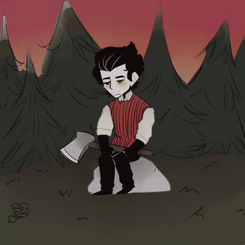 1boy axe black_hair don't_starve forest male_focus moonlinn nature non-web_source outdoors sitting source_request tree wilson_(don't_starve)