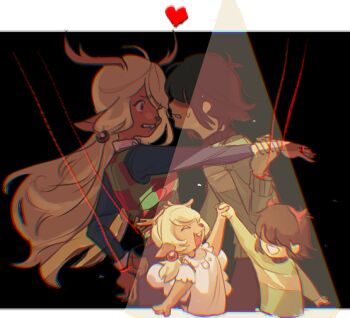 1girl 1other animal_ears antlers black_shirt blonde_hair brown_hair checkered_clothes checkered_vest commentary dancing deer_antlers deer_ears deer_girl deltarune demon_horns dress english_commentary fake_horns furry furry_female green_sweater hairband heart highres horn_hairband horns jewelry kris_(deltarune) long_sleeves noelle_holiday puppet_strings red_horns ring shirt short_hair single_horizontal_stripe soul_(deltarune) spotlight striped_clothes striped_sweater sweater titty_pizza utdr_(toby_fox) vest weird_route_(deltarune) white_dress