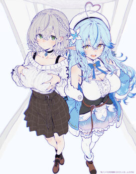 absurdres ahoge bare_shoulders blue_hair braid breasts cleavage_cutout clothing_cutout colored_tips elf flower grabbing_own_breast green_eyes grey_hair hair_flower hair_ornament heart heart_ahoge highres hololive hololive_fantasy large_breasts looking_at_viewer multicolored_hair nekonui pointy_ears shirogane_noel shirogane_noel_(casual) smile snowflake_choker snowflake_pendant snowflake_print streaked_hair virtual_youtuber yellow_eyes yukihana_lamy