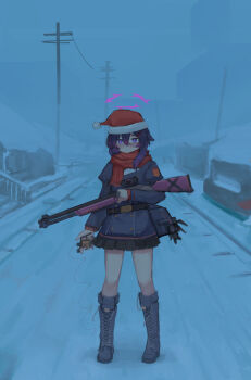 1girl 39iax bag bag_charm black_skirt blue_archive boots charm_(object) christmas commentary_request detonator fabarm_fp6 fog full_body fur-trimmed_headwear fur_trim gun hair_ornament hairclip halo haruka_(blue_archive) hat highres holding_detonator jacket juliet_sleeves knee_boots lace-up_boots long_sleeves medium_hair miniskirt outdoors power_lines puffy_sleeves pump_action purple_boots purple_eyes purple_hair purple_jacket red_hat red_scarf road santa_hat scarf shotgun skirt snow solo standing street utility_pole weapon wire