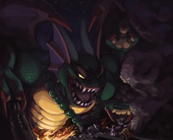 1girl 3boys alt_text anniversary bat_wings bead_necklace beads boss_fight claws commentary cousins dragon dragon_quest dragon_quest_ii english_commentary extra_arms fins fire giant giant_monster green_scales head_fins holding holding_shield holding_staff holding_sword holding_weapon horns imminent_fight jewelry monster monster_focus multiple_boys necklace night night_sky no_pupils octo-l95 open_mouth prince_of_lorasia prince_of_samantoria princess_of_moonbrook sharp_teeth shield sidoh size_difference skull_necklace sky smoke staff sword teeth weapon wings