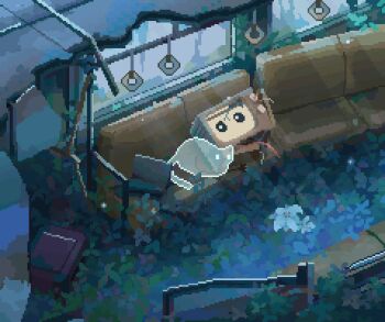animated animated_gif blinking broken_wires cat cracked_screen crt damaged death decomposedmaw dilapidated ghost glowing_motes implied_death locomotive nature no_humans original pixel_art pixelated sad scenery static suitcase train white_lily