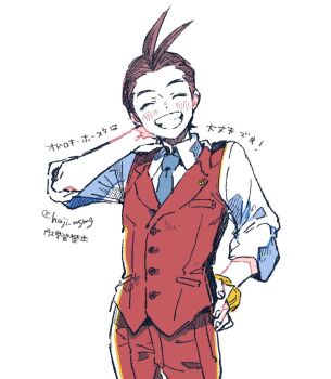 1boy ace_attorney antenna_hair apollo_justice apollo_justice:_ace_attorney arm_behind_head arm_up blue_necktie blush brown_hair closed_eyes collared_shirt commentary_request cowboy_shot grin hazime lapels male_focus necktie pants red_pants red_vest shirt short_hair simple_background smile solo standing teeth twitter_username vest watch white_background white_shirt wing_collar wristwatch