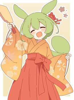 1girl :d absurdres animal_ears blush_stickers border closed_eyes commentary_request cowboy_shot dot_nose double-parted_bangs flower furisode green_hair hair_flower hair_ornament hair_ribbon hakama hakama_skirt highres japanese_clothes kimono long_hair long_sleeves new_year open_mouth orange_kimono outline outside_border red_flower red_hakama red_ribbon ribbon simple_background skirt smile solo voicevox white_border white_outline wide_sleeves yellow_background zundamon zungurimukkuri_tarou