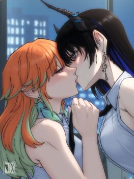 2girls asymmetrical_horns black_hair black_horns blue_hair blush colored_inner_hair commentary demon_horns earrings english_commentary feather_earrings feathers green_hair highres hololive hololive_english horns jasper_xandros jewelry kiss long_hair mole mole_under_eye multicolored_hair multiple_girls nerissa_ravencroft orange_hair purple_eyes red_eyes takanashi_kiara treble_clef two-tone_hair uneven_horns virtual_youtuber yuri