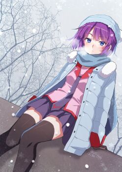 1girl absurdres beanie black_thighhighs blue_eyes blue_jacket blue_scarf blush day feet_out_of_frame fur_trim hat highres jacket knees_together_feet_apart koimonogatari long_sleeves looking_at_viewer manimani_(mani_ma) miniskirt monogatari_(series) naoetsu_high_school_uniform necktie official_alternate_costume open_clothes open_jacket outdoors pink_shirt pleated_skirt purple_hair purple_necktie purple_skirt scarf school_uniform senjougahara_hitagi shirt short_hair sitting skirt solo thighhighs tree winter_clothes