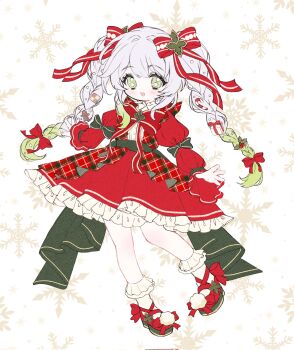 1girl :d blush bow braid candy candy_cane center_frills christmas christmas_present commentary_request dress food footwear_bow frilled_socks frills full_body genshin_impact gift gingerbread_man gradient_hair green_bow green_eyes green_hair green_ribbon hair_between_eyes hair_ornament highres long_sleeves moco_(moco_8854) multicolored_hair nahida_(genshin_impact) open_mouth plaid_clothes puffy_sleeves red_bow red_dress red_ribbon red_shoes ribbon shoes sidelocks smile snowflakes socks solo symbol-shaped_pupils twin_braids unfinished unmoving_pattern white_hair white_socks