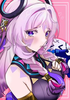 Rule 34 | 1girl, absurdres, armlet, braid, breasts, citlali (genshin impact), commentary request, facial mark, floating headgear, forehead mark, from side, genshin impact, hair intakes, headgear, heart, highres, jewelry, large breasts, long hair, looking at viewer, looking to the side, mochitsu motaretsu, parted bangs, pink background, pink hair, pink pupils, ring hair ornament, side braids, solo, triangle, triangle facial mark, upper body