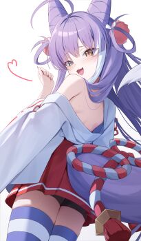 Rule 34 | 1girl, :3, ahoge, back, blush, clrawing, commentary request, cone hair bun, fang, grey eyes, hair bun, hair ornament, heterochromia, highres, japanese clothes, korean commentary, kosode, long hair, looking at viewer, looking back, multicolored hair, open mouth, pom pom (clothes), pom pom hair ornament, purple hair, purple tail, smile, socks, solo, standing, stellive, streaked hair, striped clothes, striped socks, sweat, tail, tenko shibuki, virtual youtuber, white background, white hair, white streaks, wolf girl, wolf tail, yellow eyes