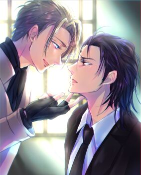 2boys aged_down alternate_costume alternate_hairstyle ascot bindi black_gloves black_hair black_necktie black_suit blonde_hair blue_eyes collar eyelashes face-to-face final_fantasy final_fantasy_vii final_fantasy_vii_remake fingerless_gloves formal_clothes gloves hand_on_another's_chin hand_on_another's_face highres looking_at_another male_focus medium_hair multiple_boys necktie ponco_pacoooon profile red_eyes rufus_shinra shirt short_hair square_enix suit sunlight tseng turks_(ff7) window wing_collar yaoi