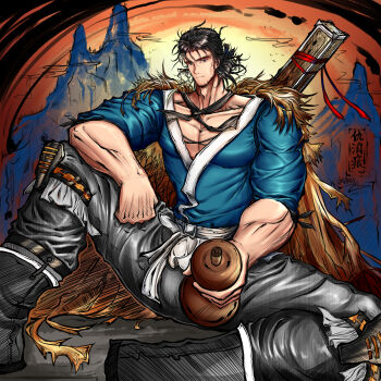 Rule 34 | 1boy, absurdres, bara, black hair, bottle, cape, collarbone, commentary request, facial hair, fur cape, highres, holding, holding bottle, japanese clothes, kimono, knee up, large pectorals, looking at viewer, male focus, manly, mature male, mountain, muscular, muscular male, original, pants, pectoral cleavage, pectorals, recenama, scar, sitting, smile, solo, stubble, weapon