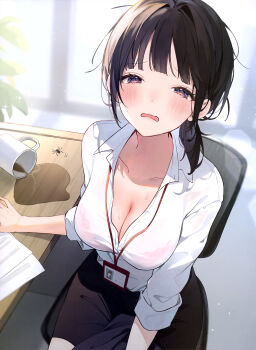 1girl absurdres black_hair black_skirt blunt_bangs blurry blurry_background blush bra bra_visible_through_clothes breasts bug chair cleavage collarbone collared_shirt cowboy_shot cup dengeki_moeoh desk hair_intakes half-closed_eyes highres id_card indoors lanyard large_breasts lens_flare light_particles long_sleeves looking_at_viewer low_ponytail magazine_scan medium_hair miniskirt mug office_chair on_chair original paper parted_lips partially_unbuttoned pencil_skirt pink_bra plant ponytail purple_eyes raised_inner_eyebrows scan shirt sitting skirt sleeves_rolled_up solo spider spill sunlight sweat swivel_chair tearing_up third-party_source three-quarter_sleeves underwear unkempt wavy_mouth white_shirt window wooden_desk yuita_(yuita17)