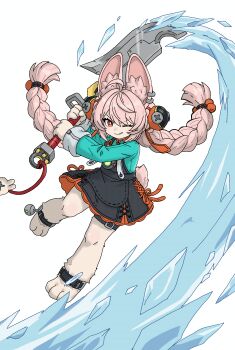 1girl absurdres ahoge animal_ear_fluff animal_ear_piercing animal_ears braid bright_pupils commentary furry furry_female hair_ornament highres long_hair looking_at_viewer pink_fur pink_hair rabbit_ears rabbit_girl red_eyes shirt short_eyebrows solo thick_eyebrows twin_braids user_szdt8882 white_pupils zenless_zone_zero zhao_(zenless_zone_zero)