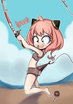 1girl absurdres anya_(spy_x_family) beach bikini fish_hook fishing fishing_rod highres humiliation lag130700 loli outdoors solo spy_x_family surprised swimsuit wedgie worm