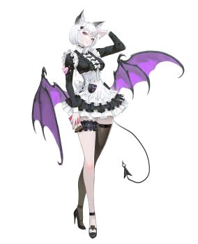 Rule 34 | 1girl, absurdres, animal ears, arowana2111, belt, black choker, black dress, black shoes, bow, breasts, candy, cat ears, chocolate, chocolate bar, choker, closed mouth, collared shirt, commentary, crossed legs, demon tail, demon wings, dress, english commentary, fang, food, frilled dress, frilled garter belt, frills, full body, hair between eyes, hair ribbon, hand up, head tilt, high heels, highres, holding, holding chocolate, holding food, layered dress, lips, long sleeves, maid, original, purple wings, red eyes, ribbon, shirt, shoes, short dress, short hair, single thighhigh, small breasts, solo, standing, tail, thigh belt, thigh strap, thighhighs, underbust, watson cross, white bow, white hair, wing collar, wings