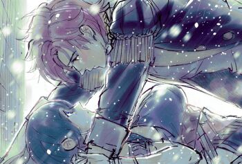 1boy 1girl alternate_costume ancient_greek_clothes armlet black_jacket blue_eyes breasts closed_mouth commentary_request dancer dancer_(fire_emblem:_three_houses) female_byleth_(fire_emblem) fire_emblem fire_emblem:_three_houses garreg_mach_monastery_uniform gold_trim greco-roman_clothes green_hair hair_between_eyes jacket jewelry kino_(twitter3500356154) lapels large_breasts looking_at_another nintendo pushing_down red_hair short_hair sideboob sylvain_jose_gautier tassel