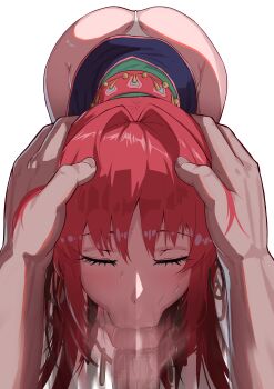1boy 1girl :>= ass bent_over blush censored closed_eyes clothes_lift dress dress_lift elle_(tenchi_souzou) fellatio huge_ass jewelry long_hair motion_blur necklace oral panties penis pllona12 pov precum puffy_cheeks red_hair saliva sash sidelocks skirt skirt_lift sweat tenchi_souzou transparent_background underwear white_panties