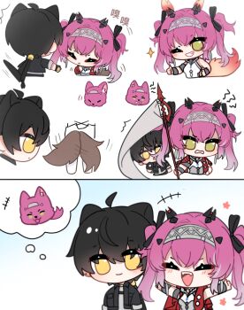 +++ 1boy 1girl animal_ears black_bow black_hair bow cat_boy cat_ears chinese_commentary commentary_request earrings grin hair_bow hairband happy highres holding holding_polearm holding_weapon jewelry kemonomimi_mode long_hair looking_at_viewer lupa_(wuthering_waves) male_rover_(wuthering_waves) metal_hairband multiple_hair_bows one_eye_closed pink_hair polearm rover_(wuthering_waves) sisi_(sisi0404) smile sparkle tail tail_wagging thumbs_up twintails weapon wolf_tail wuthering_waves yellow_eyes