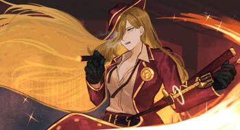 1girl belt black_gloves breasts brown_hair brown_shirt cigar commentary floating_hair gloves green_eyes hair_over_one_eye hat highres large_breasts limbus_company long_hair open_mouth project_moon red_hat rinne_(poyonpoyon_o0) shirt smoke solo sparkle standing sword symbol-only_commentary valencina_(project_moon) very_long_hair weapon