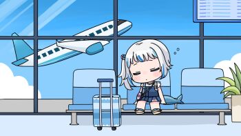 1girl aircraft airplane airport bag blue_dress blue_hair blue_sky brown_sandals closed_eyes closed_mouth cloud commentary_request day dress fins fish_tail gawr_gura gawr_gura_(casual) grey_hair highres hololive hololive_english indoors mochimiko multicolored_hair rolling_suitcase sandals shark_tail shirt shoulder_bag side_ponytail sitting sky sleeveless sleeveless_dress solo streaked_hair suitcase tail virtual_youtuber white_shirt