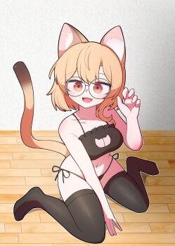 Rule 34 | 1girl, animal ear fluff, animal ears, black bra, black panties, black thighhighs, blonde hair, blush, bra, breasts, cat cutout, cat ears, cat girl, cat lingerie, cat tail, cleavage, cleavage cutout, clothing cutout, commentary, commission, double-parted bangs, english commentary, fang, full body, glasses, hand up, hh, highres, indoors, large breasts, looking at viewer, medium hair, navel, no shoes, open mouth, orange eyes, original, panties, parquet floor, round eyewear, side-tie panties, sitting, solo, tail, thighhighs, underwear, underwear only, wariza, wooden floor