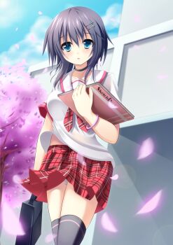 1girl :o akine_(kuroyuri) arm_at_side bag black_bag black_choker black_hair black_thighhighs blue_eyes blue_sky blush bracelet breasts building cherry_blossoms choker cloud commentary_request cowboy_shot day falling_petals from_below hair_between_eyes hair_ornament hairclip highres holding holding_bag holding_sketchbook jewelry large_breasts medium_hair miniskirt neckerchief original outdoors panties pantyshot parallel_hairclips parted_lips petals pink_petals plaid_clothes plaid_neckerchief plaid_skirt pleated_skirt red_neckerchief red_skirt sailor_collar school school_bag school_uniform shirt short_sleeves sketchbook skirt sky solo standing thighhighs top_of_moe_2013 underwear white_panties white_sailor_collar white_shirt